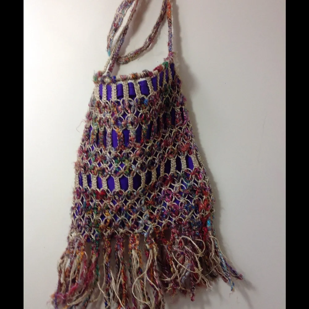 Vintage Silk Handbag Multicolor Crossbody Rattan